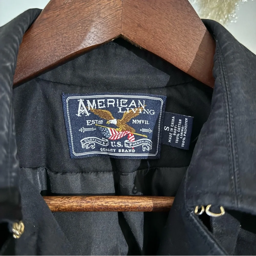 American Living Long Black Trench Coat with Collar & Back Storm Flap Vintage - Picture 4 of 16